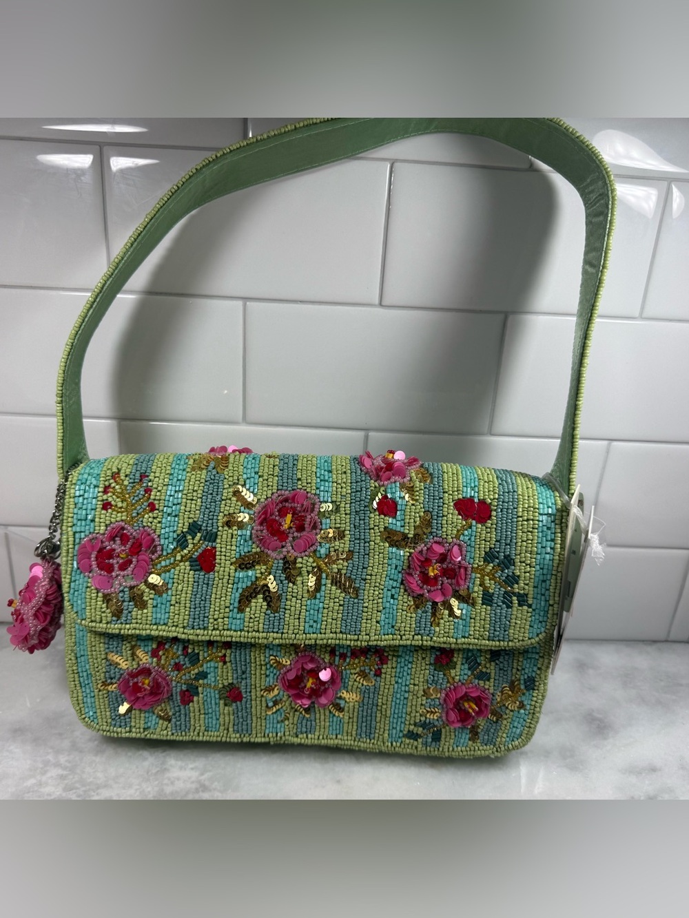 NEW RELEASE Pink Roses Beaded Bag With Green Stripes and Matching Charm NWT - Picture 2 of 9